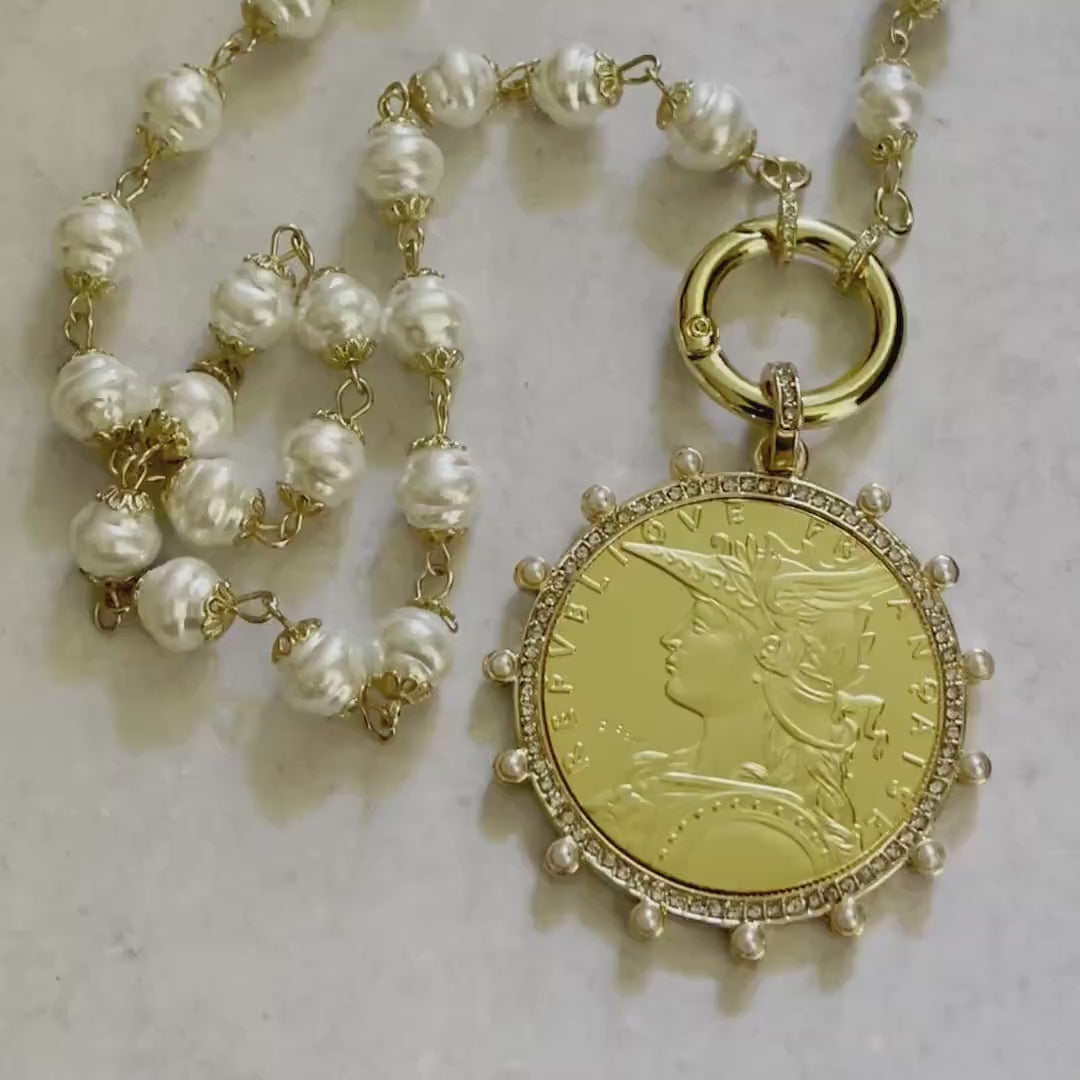 Gold Vintage Coin Necklace-Porcelain Pearl Chain Necklace-Reproduction Coin Pendant-Pearl and Cubic Zirconia Bezel Coin-Spring Lock Clasp