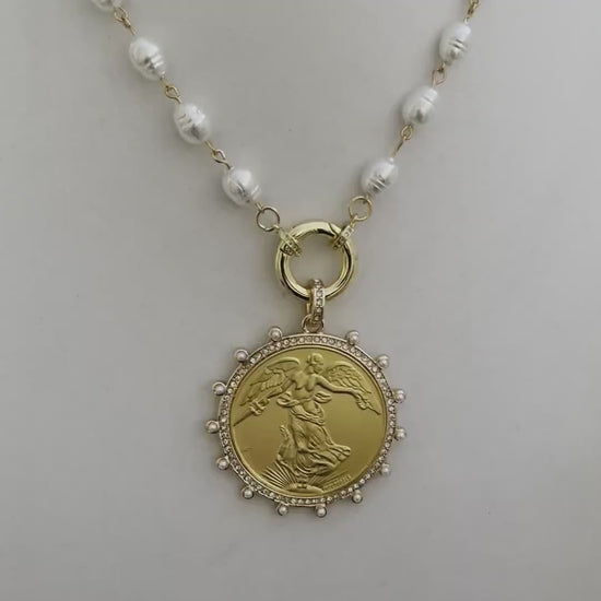 Gold French Coin Pendant-Porcelain Replica Pearl Necklace-Reproduction Commemorative Medal-Bezel w/Pearl and CZ-Spring Lock Clasp