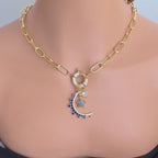 Gold Charm Necklace- CZ Mariner Clasp -Multiple Celestial Charms-Blue CZ Stones