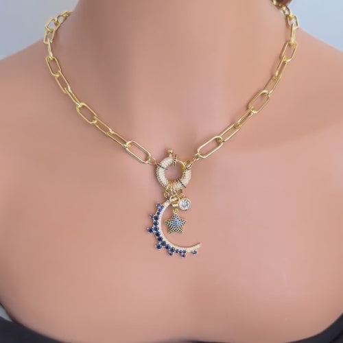 Gold Charm Necklace- CZ Mariner Clasp -Multiple Celestial Charms-Blue CZ Stones