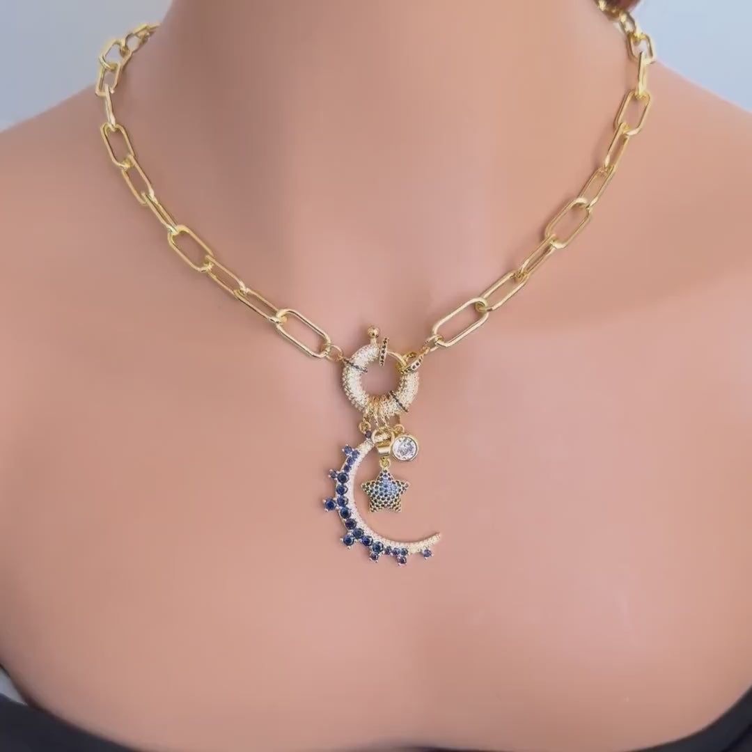 Gold Charm Necklace- CZ Mariner Clasp -Multiple Celestial Charms-Blue CZ Stones