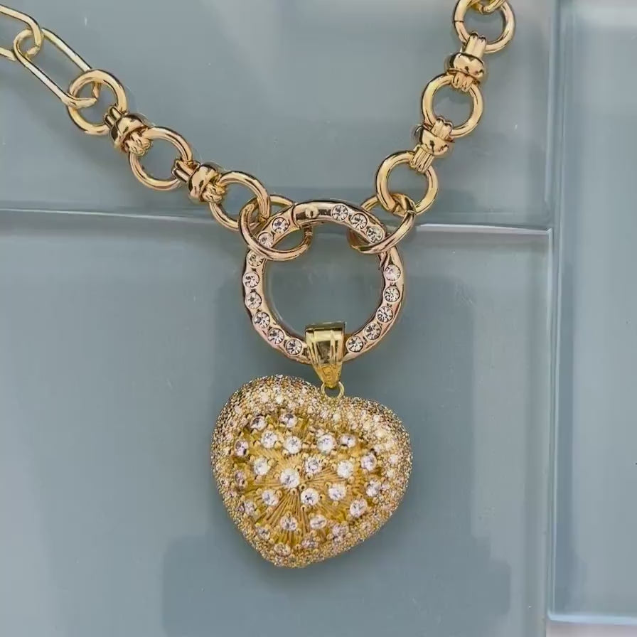 Gold Chain Necklace-CZ Encrusted Heart Pendant-CZ Spring Clasp-Multi Link Gold Chain-Gift For Her