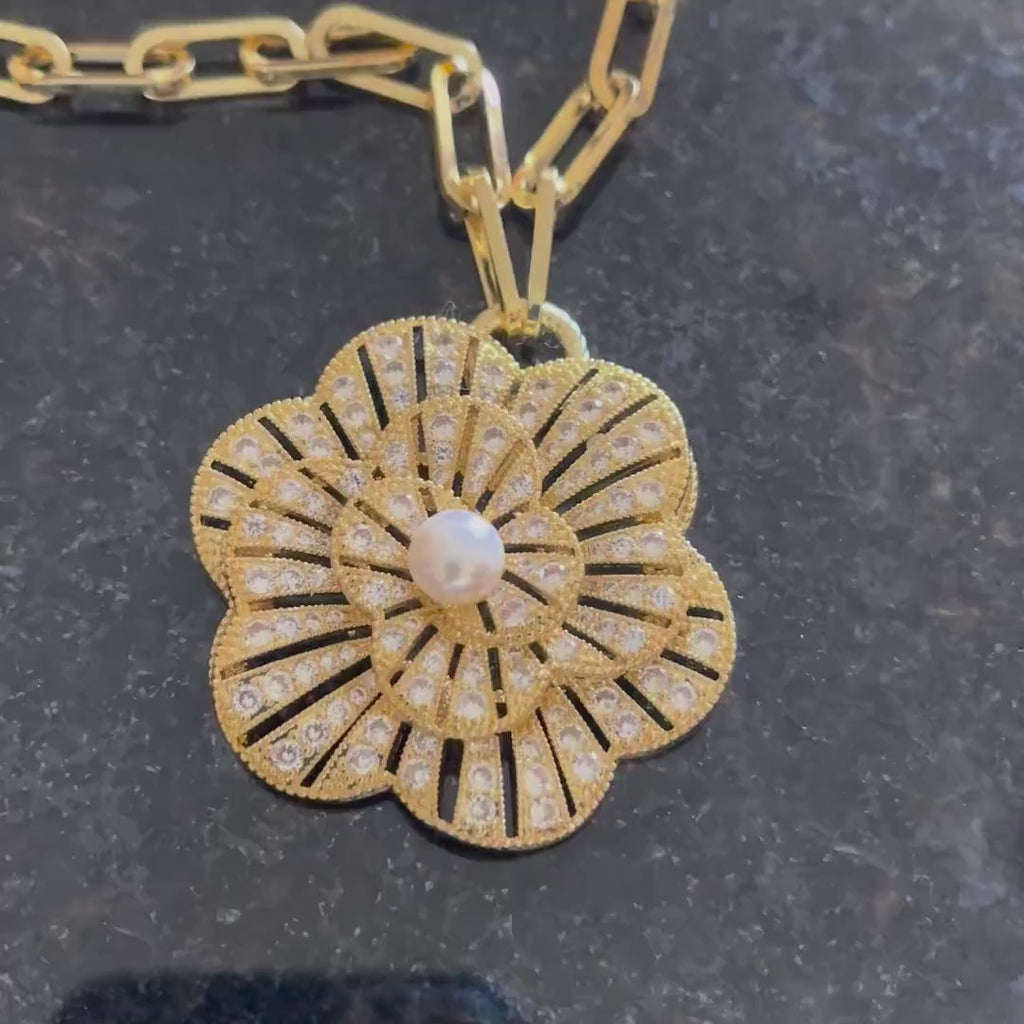 Gold CZ 3D Flower Pendant- Paperclip Chain Necklace-Large Micro Pave Pearl Pendant- Lobster Clasp