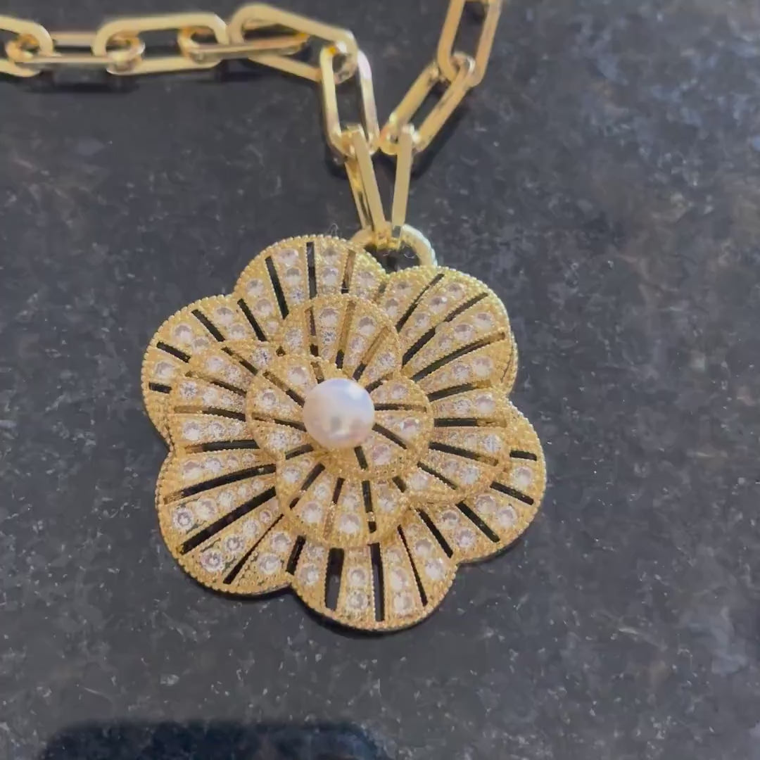 Gold CZ 3D Flower Pendant- Paperclip Chain Necklace-Large Micro Pave Pearl Pendant- Lobster Clasp