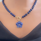 Carved Lapis Lazuli Flower Pendant Necklace, Gold Toggle Clasp, CZ Gemstone