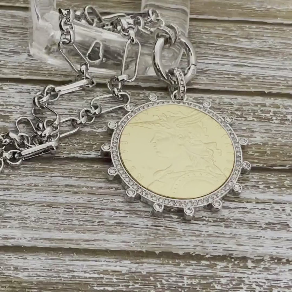 Silver Chain Coin Necklace-Gold Reproduction French Madagascar Coin Pendant-Multi Link Chain-Silver Cubic Zirconia Bezel -Spring Lock Clasp