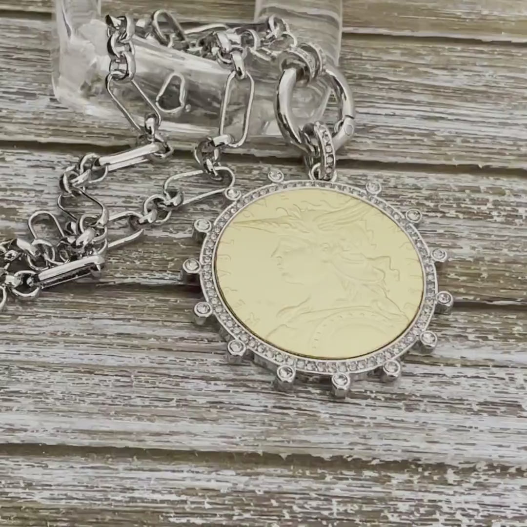 Silver Chain Coin Necklace-Gold Reproduction French Madagascar Coin Pendant-Multi Link Chain-Silver Cubic Zirconia Bezel -Spring Lock Clasp