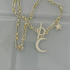 Gold Multi Charm Necklace-Gold CZ Moon Charm- Gold CZ Star Charm-Toggle Charm Connector-Lobster Claw Clasp-Layering Necklace-Gift For Her