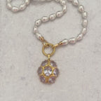 Gold CZ Pearl Pendant Necklace: 16in Porcelain Glass Pearls