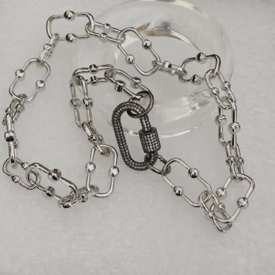 Silver Carabiner Necklace-Chunky Silver Cable Chain-Gunmetal Cubic Zirconia Clasp-Micro Pave Carabiner Clasp-Screw Lock Clasp-Gift For Her