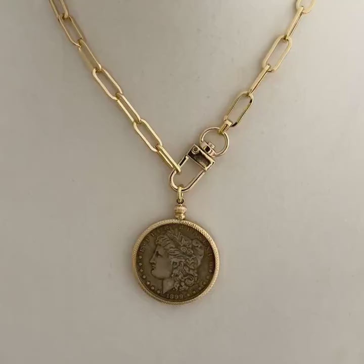 Unique Liberty Coin Necklace - Burnished Silver Pendant - Gold Bezel - Gold Paperclip Chain-Reproduction Vintage Coin Jewelry-Gift For Her