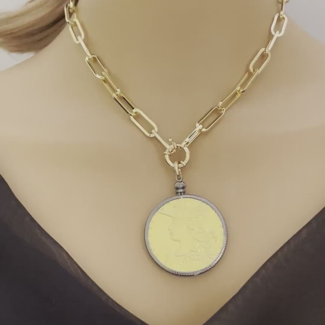 Gold French Madagascar Coin Necklace-22K Gold-Plated Reproduction Medal-Art Deco-Gunmetal Bezel-Spring Lock Clasp-Gift For Her