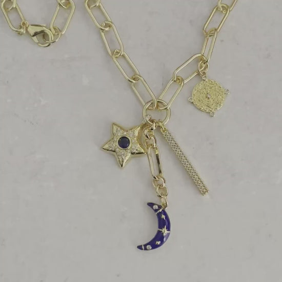 Multi-Charm Necklaces- Choice Of 3 Layering Necklaces -Blue Enamel Moon Charm-CZ Star-CZ Bar-CZ Compass-Evil Eye-Vintage Charm-Gift For Her