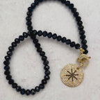 Black Crystal Bead Necklace: Gold Micro Pave Star Pendant, Mixed Metal