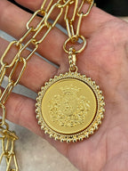 Gold Shield Coin Pendant-Gold Paperclip Chain- Shield Pendant with Textured Bezel-Toggle Clasp
