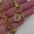Gold Clasped Hand Necklace with Micro Pave Lock & Key Charm-Lobster Clasp Closure-Symbolic Jewelry
