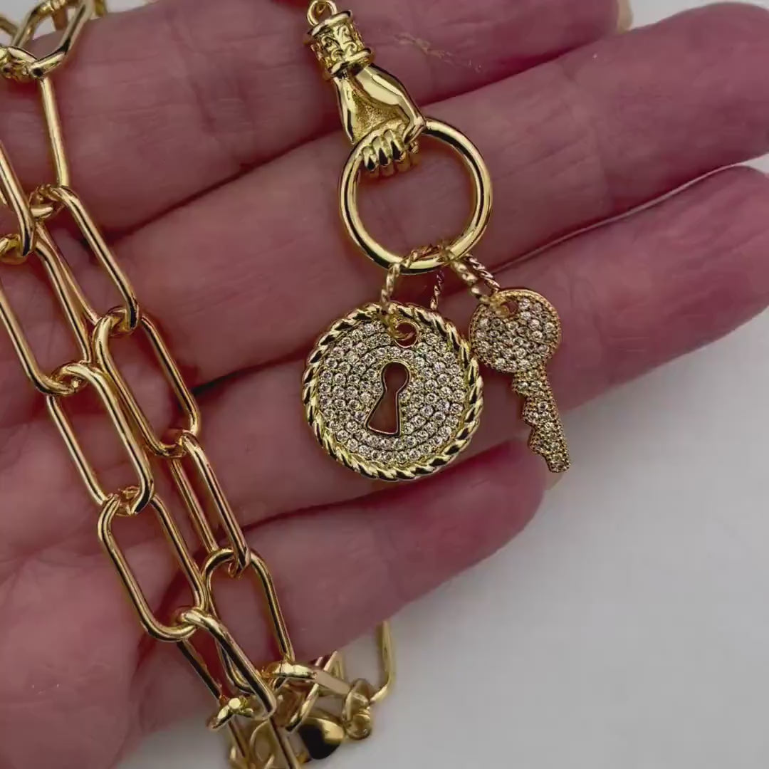 Gold Clasped Hand Necklace with Micro Pave Lock & Key Charm-Lobster Clasp Closure-Symbolic Jewelry
