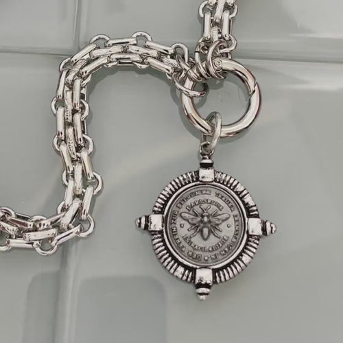 Chunky Silver Chain Necklace, French Bee Coin Pendant, Art Deco Style