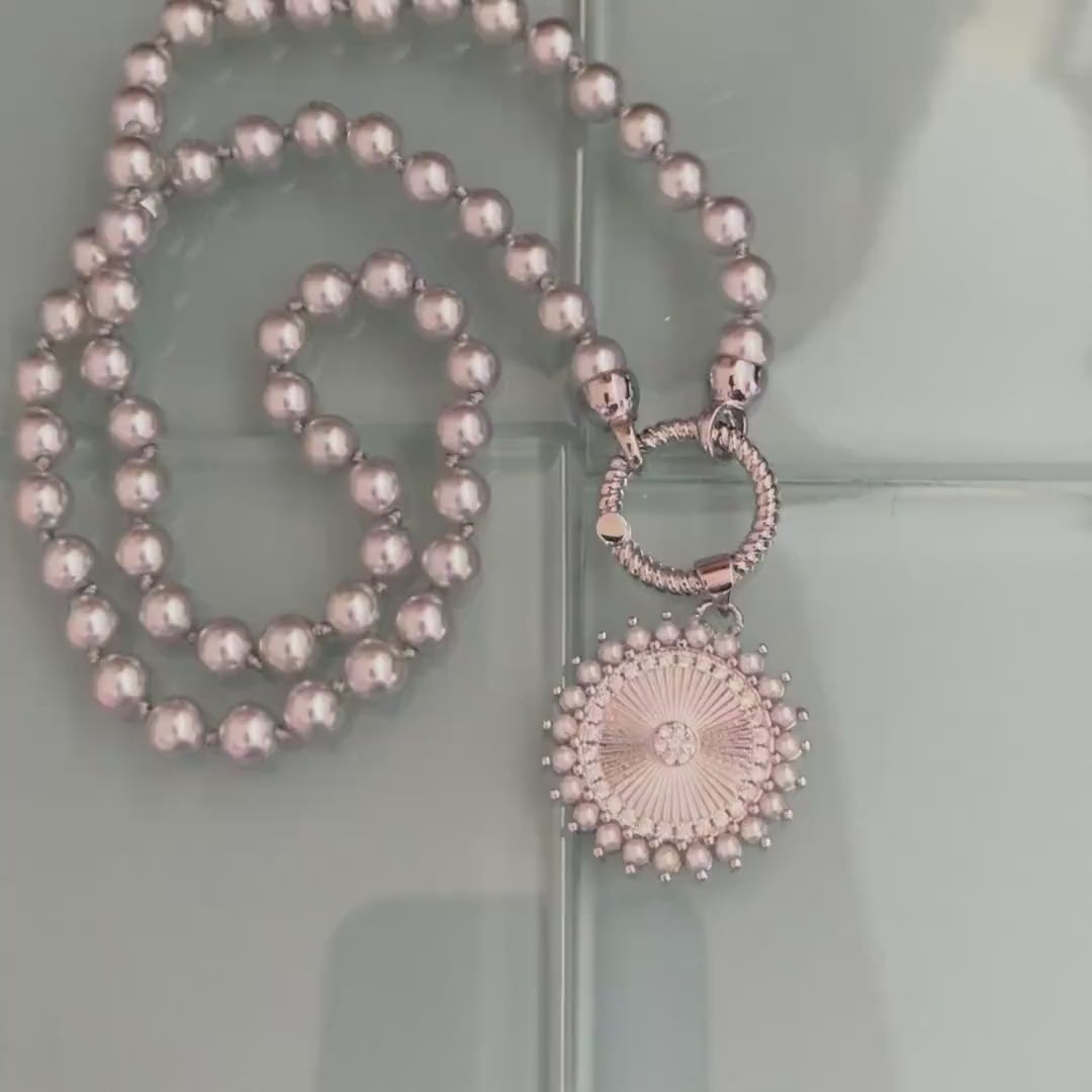 Grey Porcelain Pearl Charm Necklace-Glass Replica 6mm Pearl-Silver Pearl and CZ Charm Pendant-Hand Knotted 17"-Rope Design Spring Lock Clasp