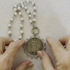 Vintage Coin Pendant Necklace: Porcelain Pearl Chain, CZ Bezel