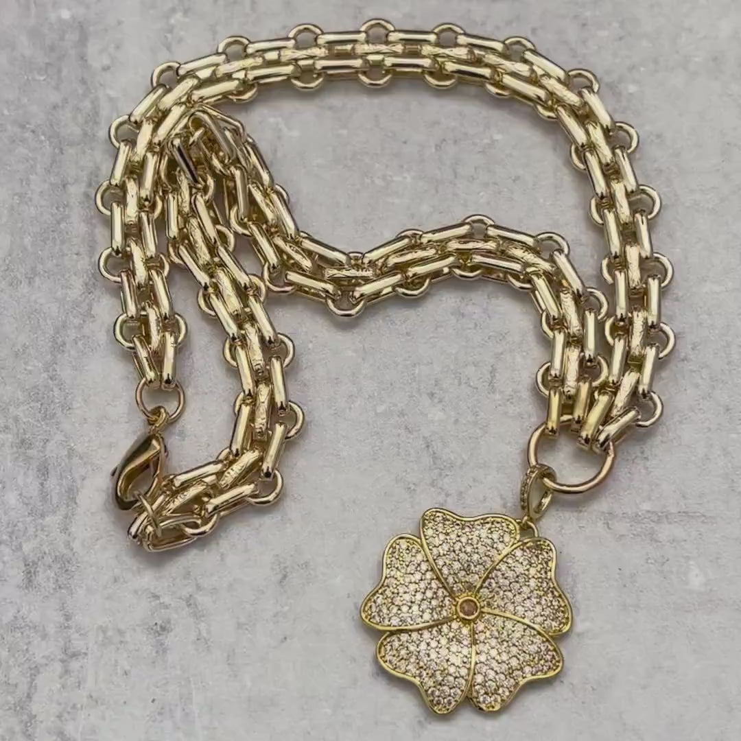 Gold Chunky Multilink Chain Necklace- Micro Pave Flower Pendant-CZ Charm-Gold Textured Chain Necklace-Lobster Clasp-Gift For Her
