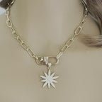 Gold Starburst Necklace-Micro Pave Starburst Pendant-Paperclip Chain Necklace-Spring Lock Clasp-Gift for Her