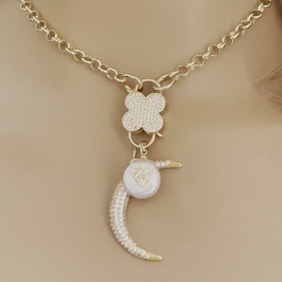 Gold CZ Carabiner Necklace-Rolo Chain-Clover Snap Clasp-CZ Charms-Fresh Water Pearl Heart Charm-CZ Half Moon Charm-Gift For Her