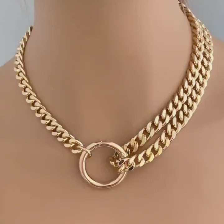 Chunky Gold Miami Cuban Chain Necklace-Thick Chunky Chain-Double Layer Cuban Chain-Round Spring Lock Clasp-Unique Design-Gift For Her