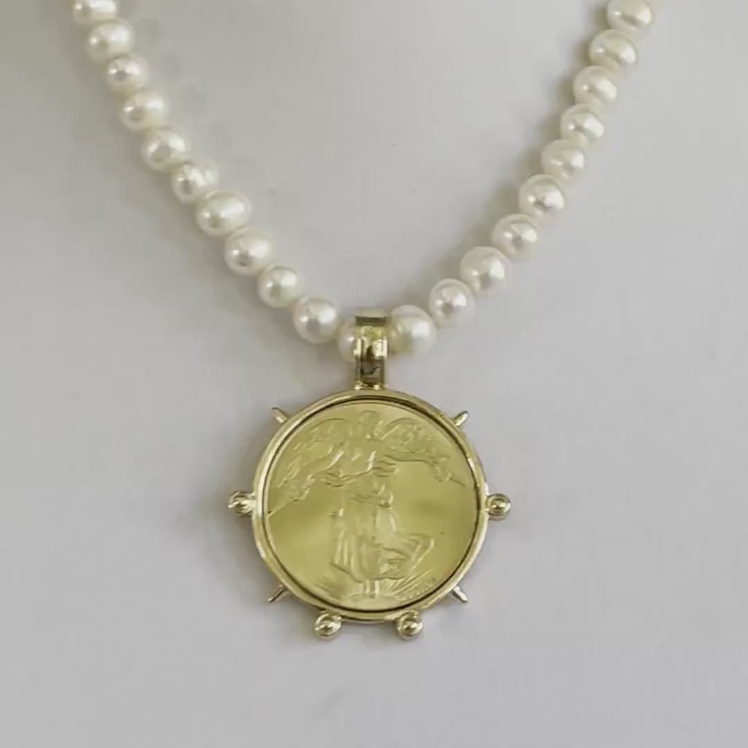 Freshwater Pearl Necklace-Gold Reproduction French Coin-Commemorative Medal- Antique Style -Spiked Bezel Pendant-Gift For Her