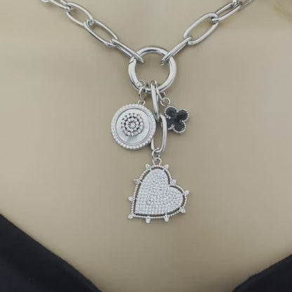 Silver Paperclip Chain Necklace-CZ Heart Pendant-CZ Round Disc Pendant-Black Enamel Clover Charm-Lobster Clasp-CZ Carabiner Chain Choker