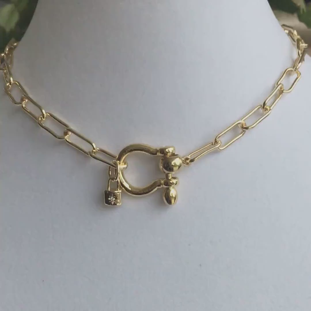 Gold Paperclip Chain Necklace: Shackle Clasp & CZ Padlock Charm