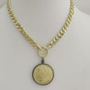 Gold Miami Cuban Chain Necklace-Gold Reproduction Morgan Dollar Coin-Coin Pendant-Gunmetal Bezel-Thick Chunky Chain-Spring Ring Clasp