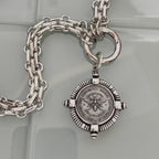 Silver Chunky Chain Necklace, French Bee Coin Pendant, Art Deco Style