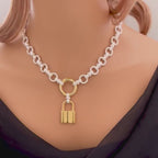 Satin Silver Chain Necklace with Large Gold Lock Pendant – Round Spring Clasp – Mixed Metal Statement Necklace – Modern Layering Jewelry