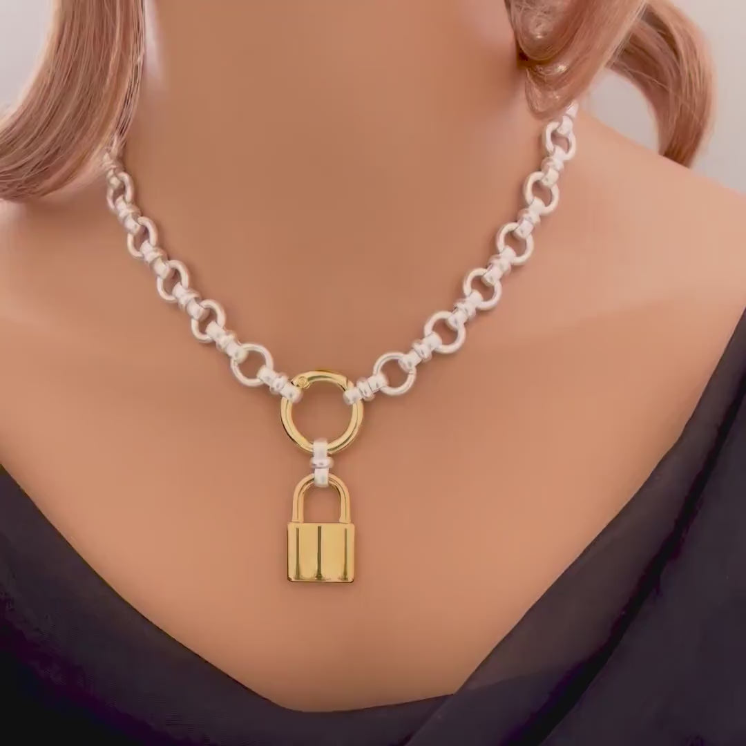 Satin Silver Chain Necklace with Large Gold Lock Pendant – Round Spring Clasp – Mixed Metal Statement Necklace – Modern Layering Jewelry