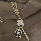 Gold CZ Carabiner Necklace-Cable Chain-Clover Clasp-CZ Charms-Mother Of Pearl Charm-Gift For Her