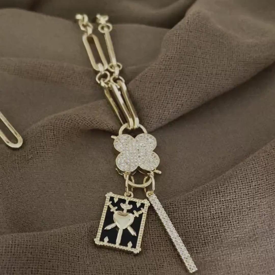 Gold CZ Carabiner Necklace-Cable Chain-Clover Clasp-CZ Charms-Mother Of Pearl Charm-Gift For Her