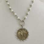 Silver Coin Pendant Necklace: Porcelain Pearl Chain, CZ Bezel