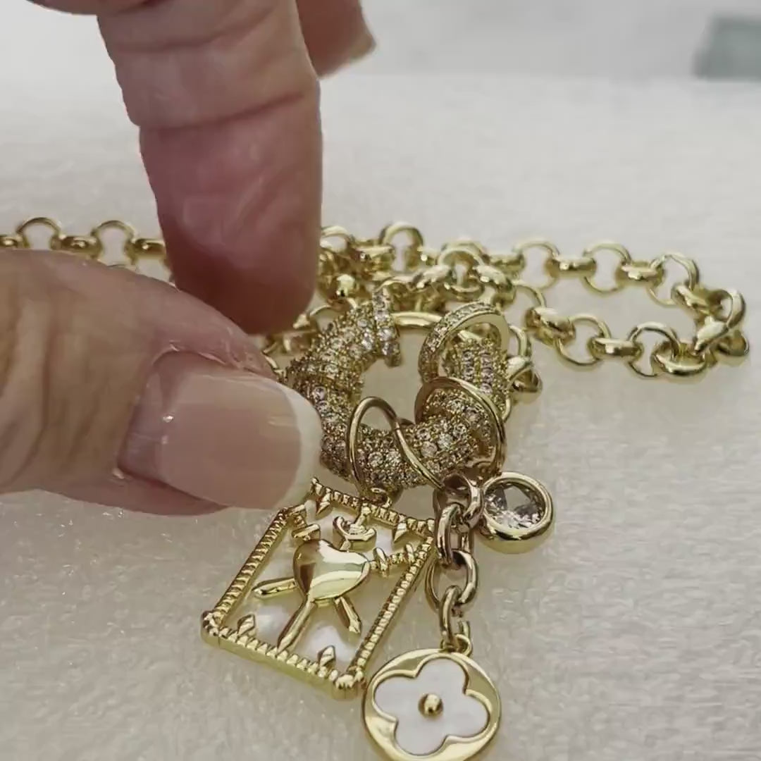 Gold Charm Necklace: Mother of Pearl Pendants, CZ Mariner Clasp