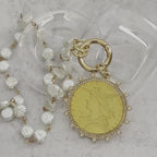 Gold French Coin Necklace: CZ, Pearl Bezel & Porcelain Chain