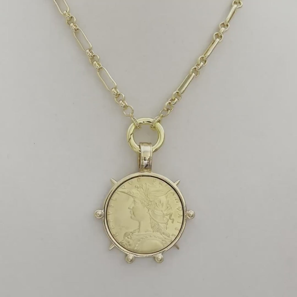 Gold French Coin Pendant Necklace, Art Deco Reproduction Jewelry
