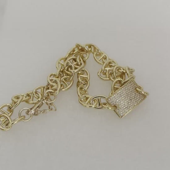 Gold Equestrian Style Chunky Chain-Micro Pave CZ Connector- Choker Chain Necklace-Adjustable Length