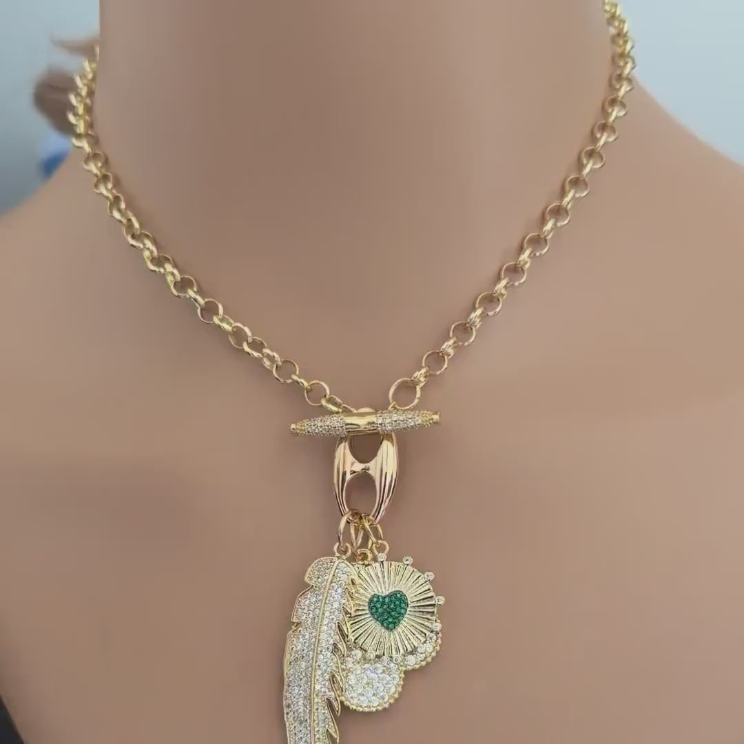 Gold Multi-Charm Necklace/Cubic Zirconia Toggle Charm Necklace