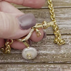 Gold Rolo Chain Necklace, Pave Shackle, CZ Pearl Pendant