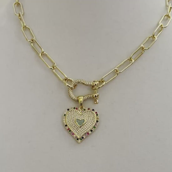 Gold Paperclip Chain necklace-CZ Shackle Clasp-Multi Colored CZ Heart Pendant-Gift For her