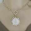 Gold Mother Of Pearl Pendant-Paperclip Chain-CZ Stones Bezel-Fleur De Lis-Coat Of Arms-Micro Pave Spring Lock Clasp