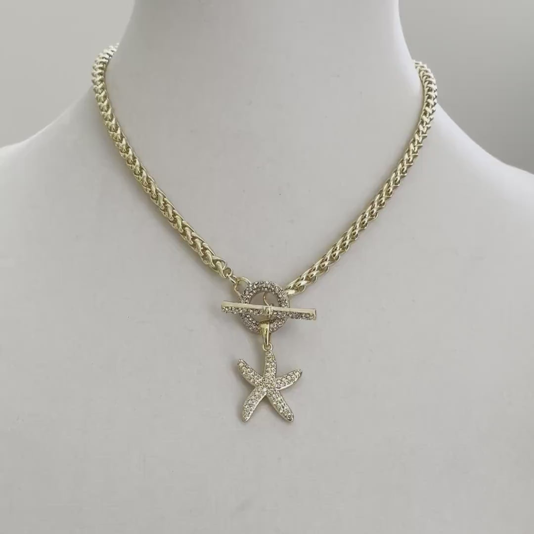 Gold Starfish Pendant Necklace – CZ Toggle Clasp, Wheat Rope Chain