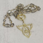 Crystal Transparent Rosary Chain-Edwardian Paste Fly Pendant-Gold Pearl Pendant Necklace-Micro Pave Spring Lock Clasp-Removable Pendant