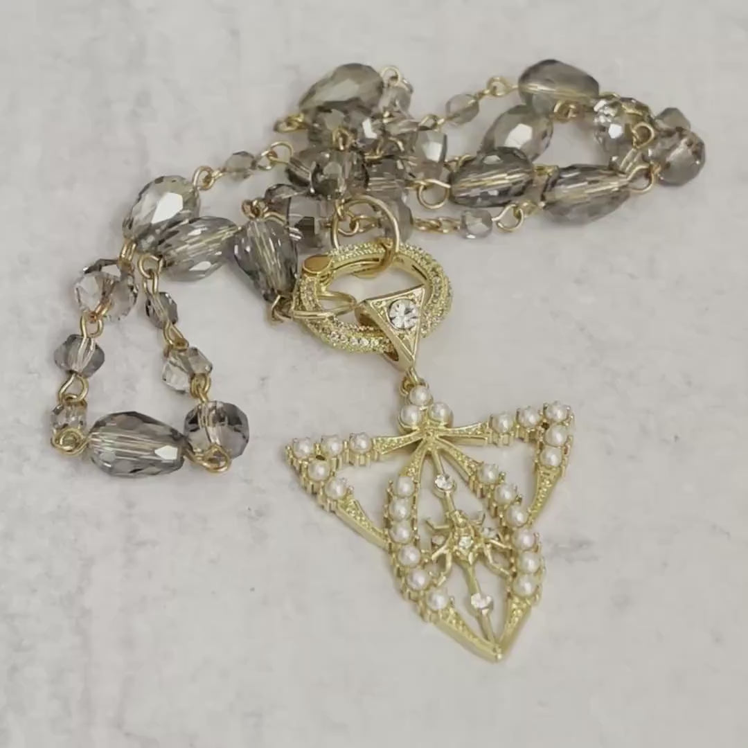 Crystal Transparent Rosary Chain-Edwardian Paste Fly Pendant-Gold Pearl Pendant Necklace-Micro Pave Spring Lock Clasp-Removable Pendant