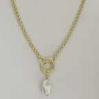 Gold Chunky Rope Necklace-Double Crossover Connector-Baroque Glass Pearl Replica Pendant-Lobster Clasp-Wheat Chain-Gift For Her